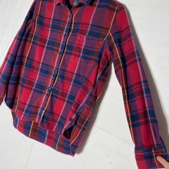 Roots Red Blue Plaid Flannel Button Up Top S - Picture 9 of 11
